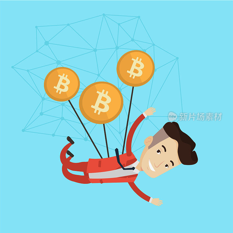 Caucasian businessman flying with bitcoin coins